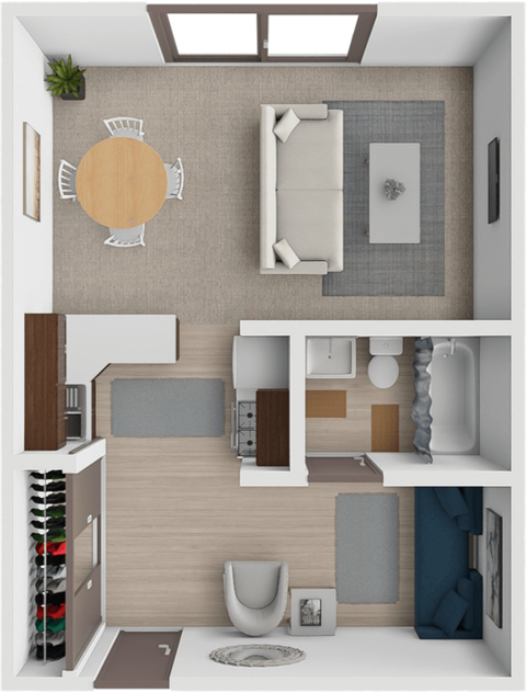 Floor plan for studio, 1 bath, 500 sqft