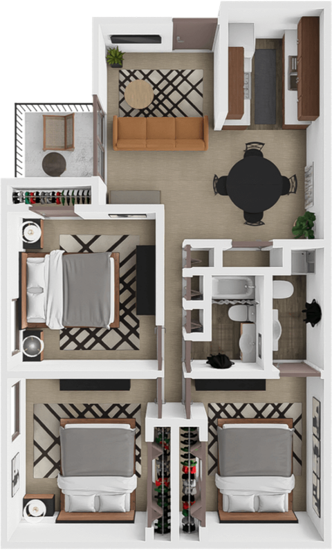 Floor plan for 3 beds, 2 baths, 1250 sqft