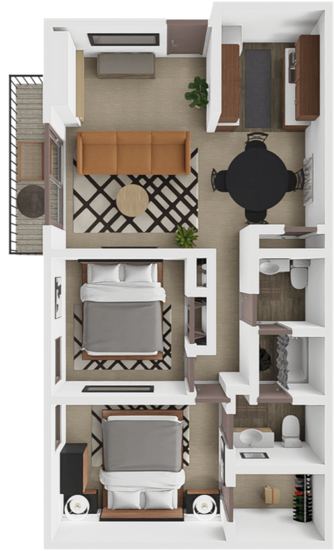 Floor plan for 2 beds, 1.5 baths, 967 sqft