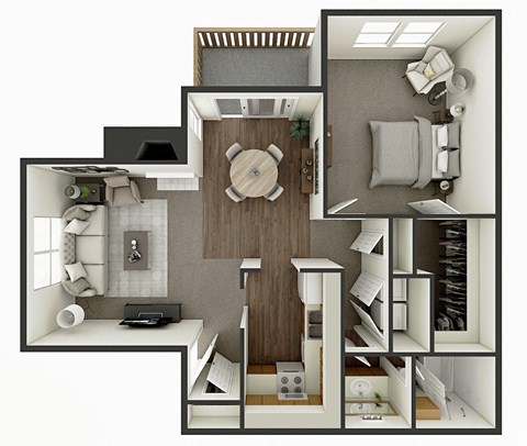 Floor plan for 1 bed, 1 bath, 769 sqft
