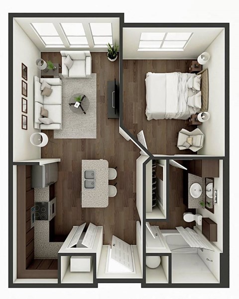 Floor plan for 1 bed, 1 bath, 612 sqft