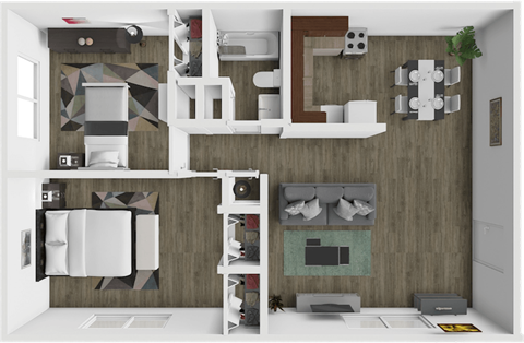 Floor plan for 2 beds, 1 bath, 780 sqft