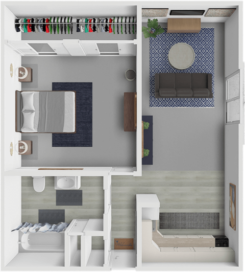 Floor plan for 1 bed, 1 bath, 700 sqft