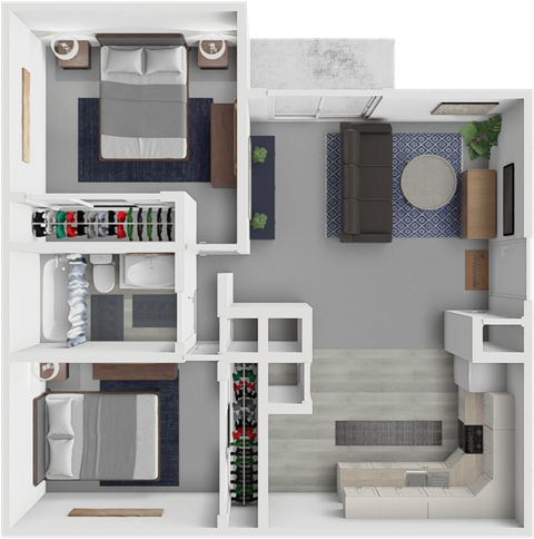 Floor plan for 2 beds, 1 bath, 770 sqft