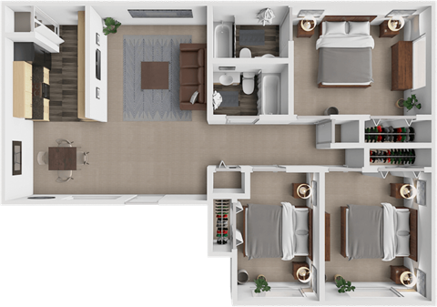 Floor plan for 3 beds, 2 baths, 1040 sqft