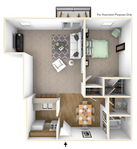 Floor plan for 1 bed, 1 bath, 739 sqft