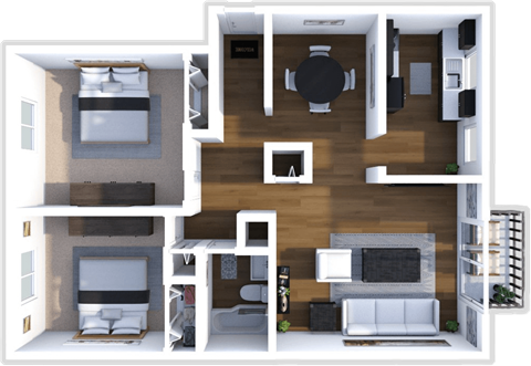Floor plan for 2 beds, 1 bath, 1000 sqft