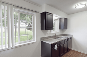 Grand Rapids apartment for rent - A kitchen with dark brown cabinets and a granite countertop.