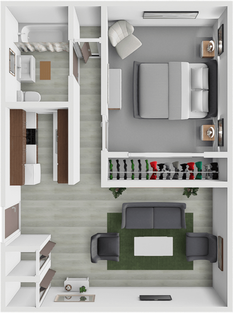 Floor plan for 1 bed, 1 bath, 750 sqft