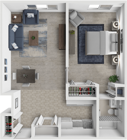 Floor plan for 1 bed, 1 bath, 569 sqft