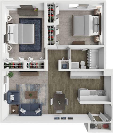 Floor plan for 2 beds, 1 bath, 726 sqft