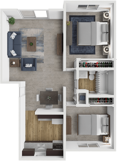 Floor plan for 2 beds, 1 bath, 754 sqft