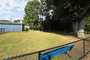 St. Joseph apartment for rent - A blue bench sits in a grassy area behind a black fence.