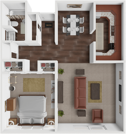 Floor plan for 1 bed, 1 bath, 750 sqft