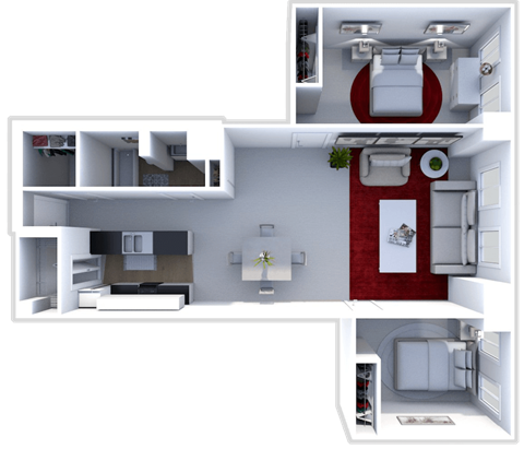 Floor plan for 2 beds, 1 bath, 1208 sqft