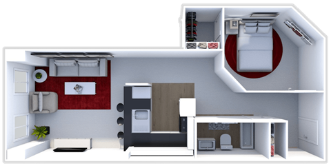 Floor plan for 1 bed, 1 bath, 892 sqft