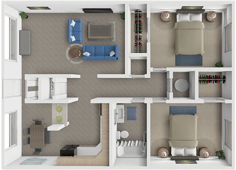 Floor plan for 2 beds, 1 bath, 1035 sqft