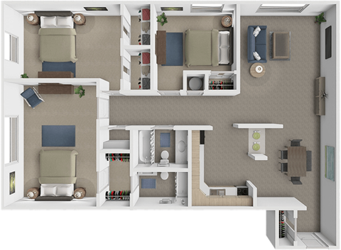 Floor plan for 3 beds, 2 baths, 1115 sqft