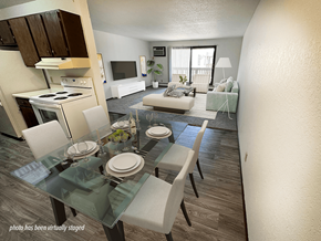 Waite Park apartment for rent - A virtual staged image of a modern dining room with a glass table and chairs.
