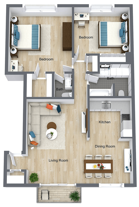 Floor plan for 2 beds, 1.5 baths, 1027 sqft