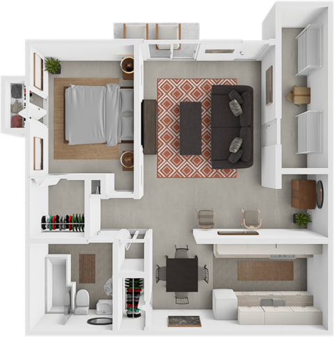 Floor plan for 1 bed, 1 bath, 635 sqft