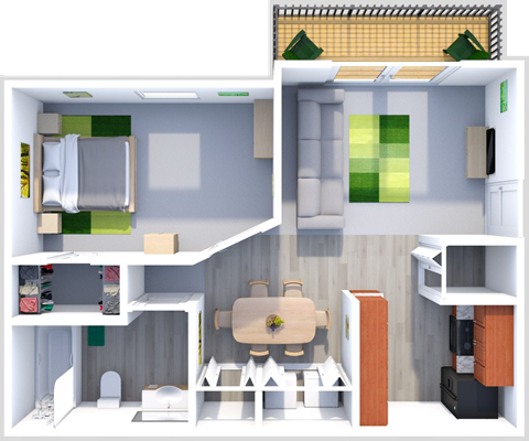 Floor plan for 1 bed, 1 bath, 659 sqft