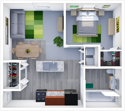 Floor plan for 1 bed, 1 bath, 500 sqft