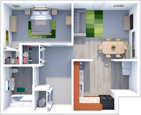 Floor plan for 1 bed, 1 bath, 500 sqft