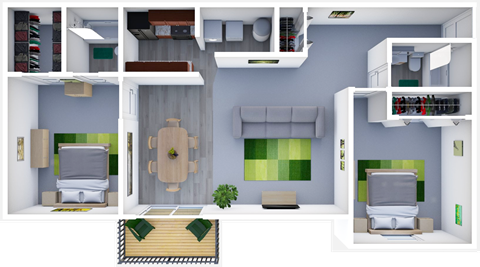 Floor plan for 2 beds, 2 baths, 1033 sqft