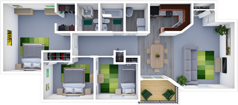 Floor plan for 3 beds, 2 baths, 1295 sqft