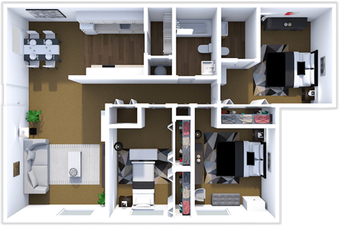 Floor plan for 3 beds, 1.5 baths, 964 sqft