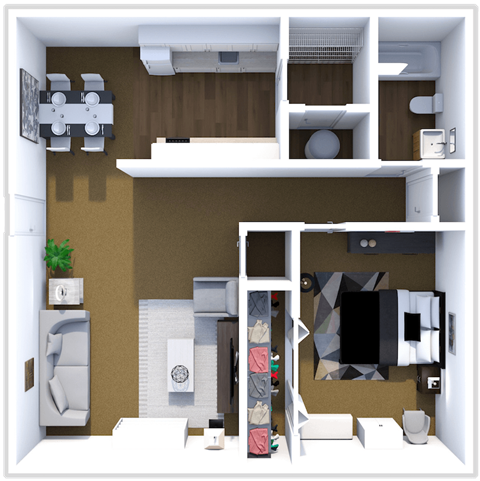 Floor plan for 1 bed, 1 bath, 638 sqft