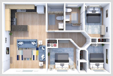 Floor plan for 3 beds, 2 baths, 780 sqft