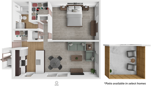 Floor plan for 1 bed, 1 bath, 725 sqft