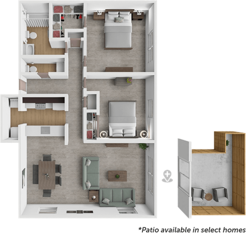 Floor plan for 2 beds, 1.5 baths, 975 sqft