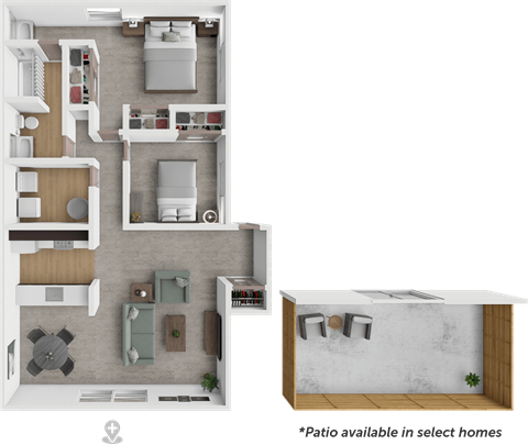 Floor plan for 2 beds, 1 bath, 937 sqft