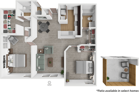Floor plan for 2 beds, 2 baths, 1050 sqft