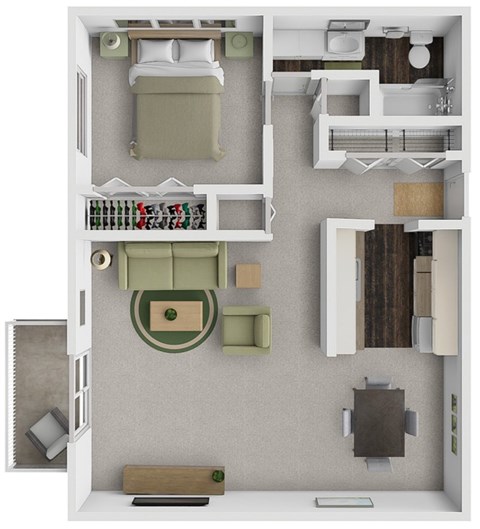 Floor plan for 1 bed, 1 bath, 735 sqft