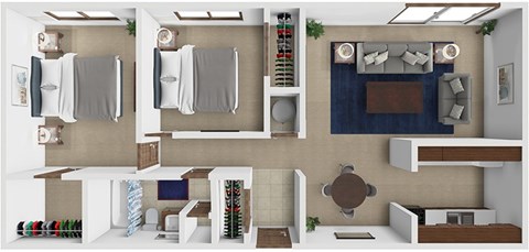Floor plan for 2 beds, 1 bath, 840 sqft