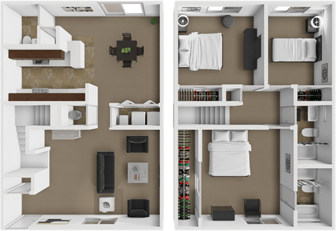 Floor plan for 3 beds, 2.5 baths, 1308 sqft