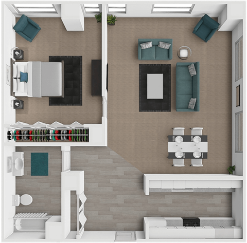 Floor plan for 1 bed, 1 bath, 895 sqft