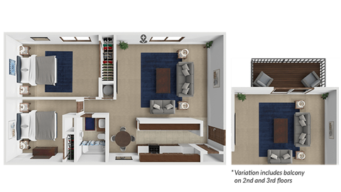 Floor plan for 2 beds, 1 bath, 960 sqft