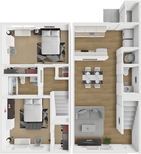 Floor plan for 2 beds, 1.5 baths, 960 sqft