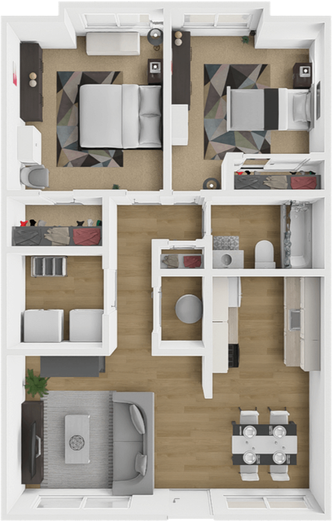 Floor plan for 2 beds, 1 bath, 930 sqft