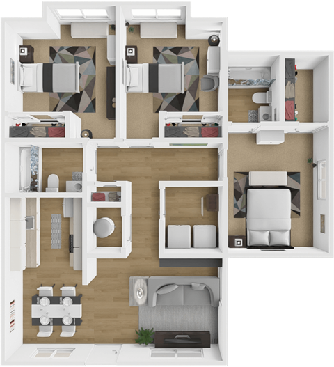 Floor plan for 3 beds, 2 baths, 1080 sqft