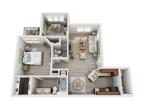Floor plan for 1 bed, 2 baths, 930 sqft