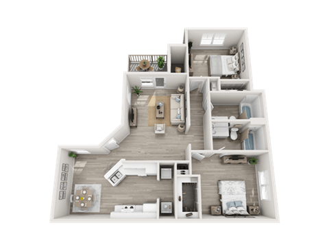 Floor plan for 2 beds, 2 baths, 1045 sqft
