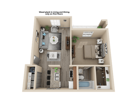 Floor plan for 1 bed, 1 bath, 622 sqft