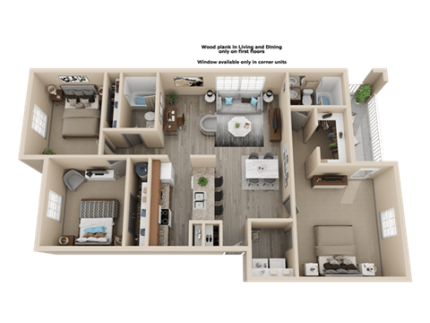 Floor plan for 3 beds, 2 baths, 1214 sqft