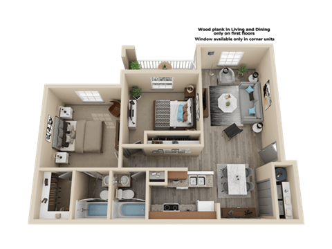 Floor plan for 2 beds, 2 baths, 963 sqft